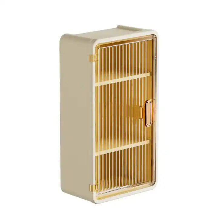 Organizator Cosmetice, Montare pe Perete fara Perforare, 36.5x10.9x20 cm, cu 3 Rafturi, din PP si ABS, Bej, Usa Transparenta