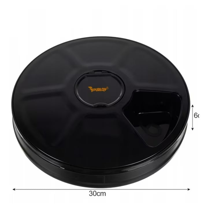 Dispenser Automat hrana animale Purlov, 30 cm, 900 ml, 6 compartimente, 6 programe, Negru