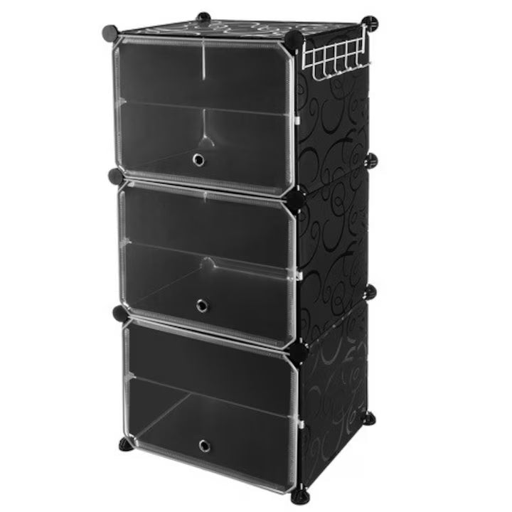 Suport modular pentru încălțăminte, Ruhhy, set 3 module, uși transparente, cuier integrat, 6 rafturi pentru 12 perechi, negru