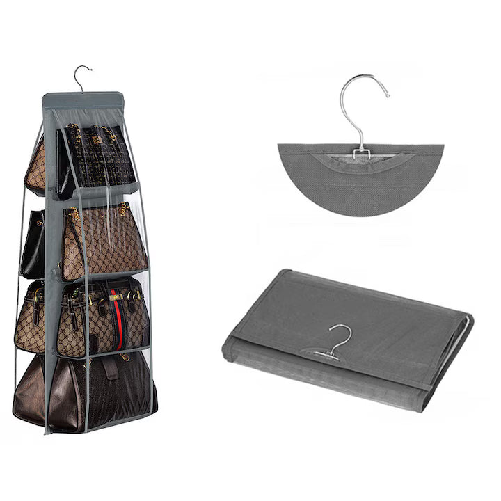 Set 2 Organizator Premium 8 buzunare transparente, pentru genti si pantofi, cuier metalic, 100x34x15 cm, textil gri
