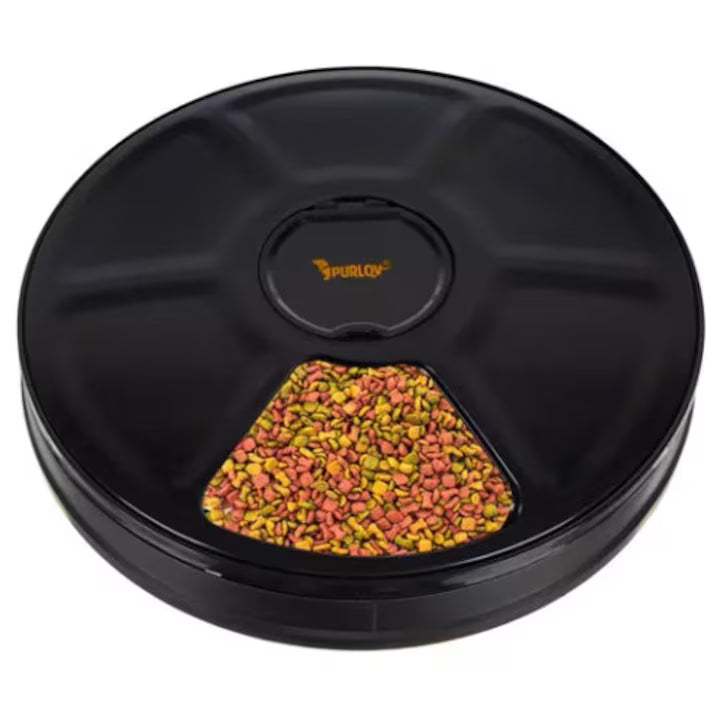 Dispenser Automat hrana animale Purlov, 30 cm, 900 ml, 6 compartimente, 6 programe, Negru