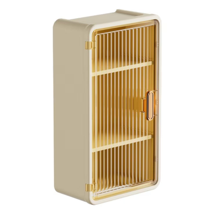 Organizator Cosmetice, Montare pe Perete fara Perforare, 36.5x10.9x20 cm, cu 3 Rafturi, din PP si ABS, Bej, Usa Transparenta