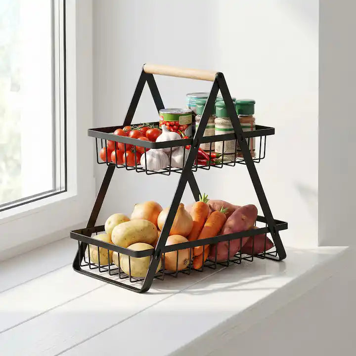 Raft Organizator, 2 Nivele, Maner Lemn, Negru, 30x18x32cm
