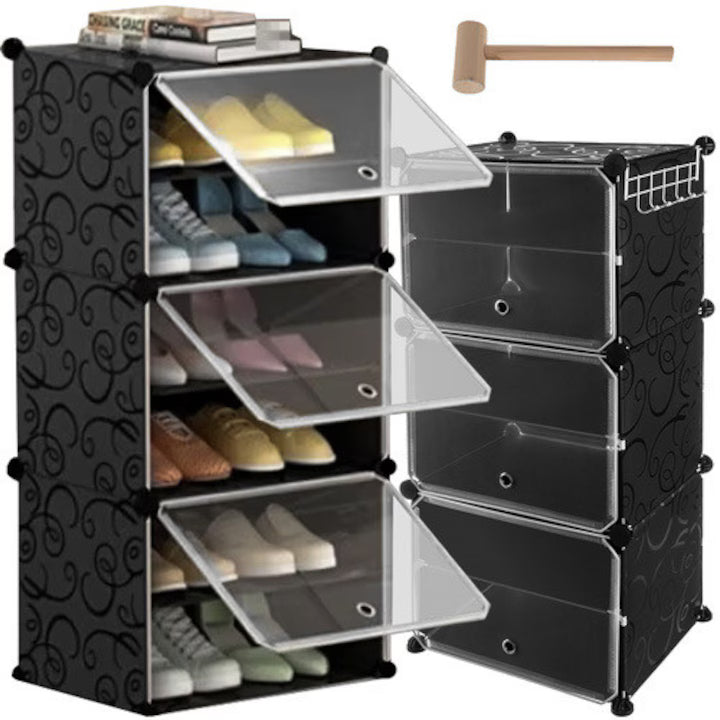 Suport modular pentru încălțăminte, Ruhhy, set 3 module, uși transparente, cuier integrat, 6 rafturi pentru 12 perechi, negru