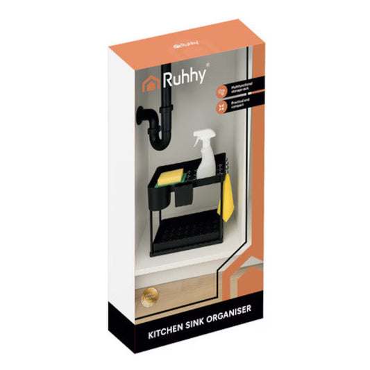 Organizator pentru sub chiuveta Ruhhy, 2 niveluri extensibile, structura din fier si rafturi din PP, 40x27.5x37.5 cm, finisaj mat, culoare neagra