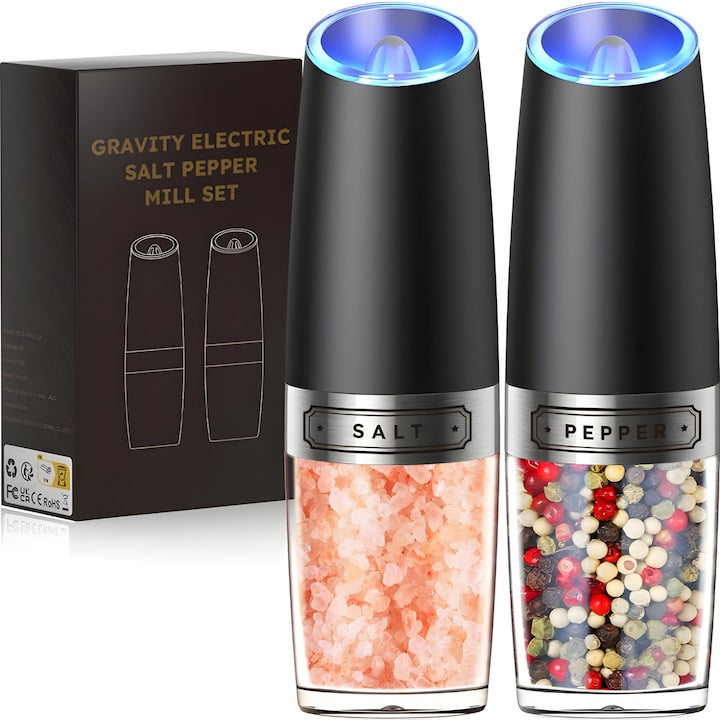 Rasnita electrica gravitationala pentru sare si piper, Automata cu lumina LED, Pe baza de baterii