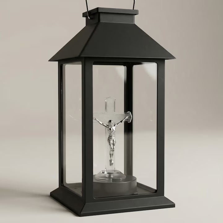 Felinar profesional JB® Solar Negru Cruce cu LED, pentru cimitire si morminte 14x14x28cm