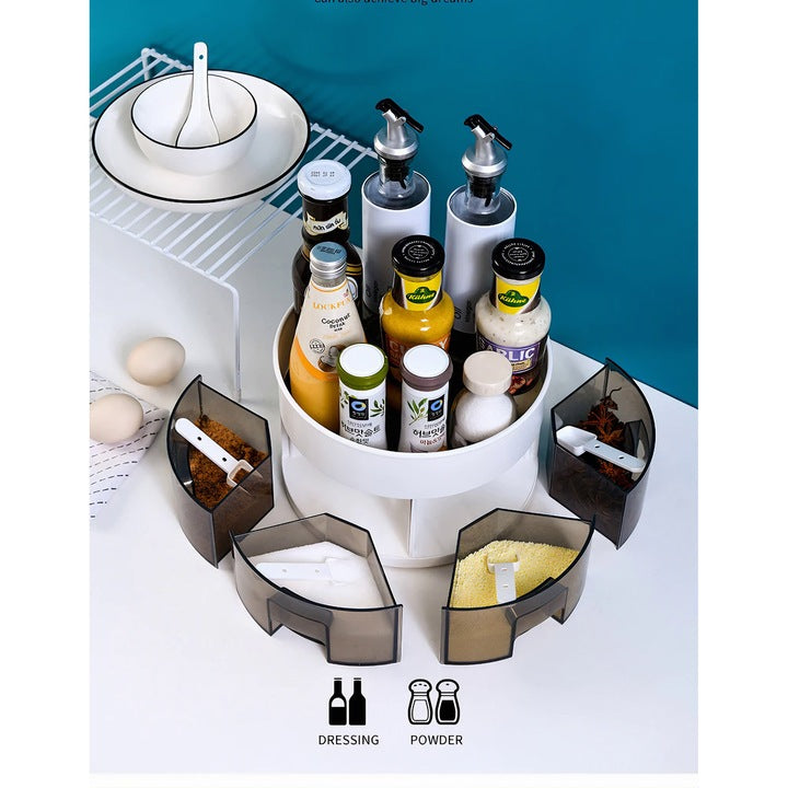 Organizator rotativ pentru bucatarie , cu sertare de condimente si lingurite din plastic, design compact si rotund, 13x22, 5 cm