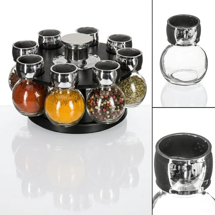 Set 8 recipiente condimente, Cu suport rotativ, Plastic/Metal/Sticla, 17 cm, Negru/Argintiu