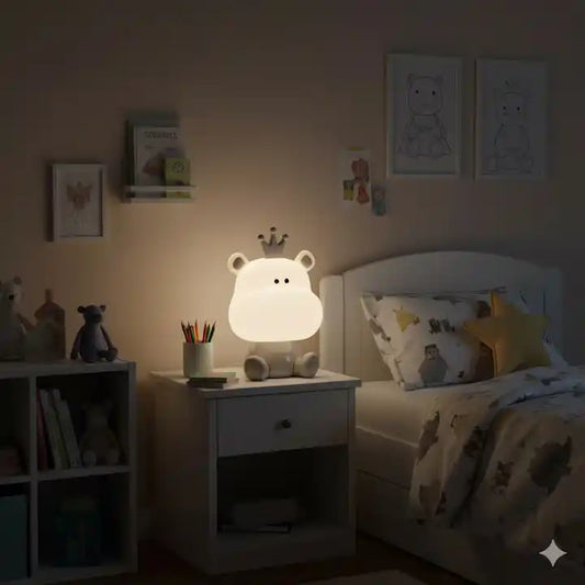 Lampa de veghe copii, model cu hipopotam, cablu USB, Alb/Gri