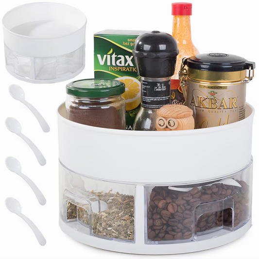 Organizator rotativ pentru bucatarie , cu sertare de condimente si lingurite din plastic, design compact si rotund, 13x22, 5 cm