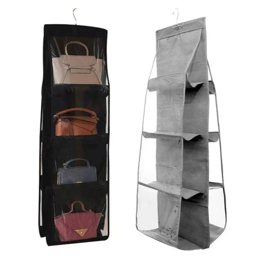 Set 2 Organizator Premium 8 buzunare transparente, pentru genti si pantofi, cuier metalic, 100x34x15 cm, textil gri