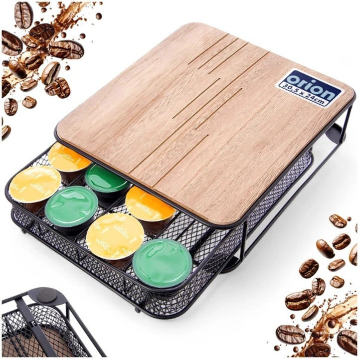 Organizer Pentru Capsule De Cafea, Orion, 30.5x24x6.5 cm, Metal, Mdf, Sertar Glisant Cu Compartimente, Pad-Uri Antiderapante