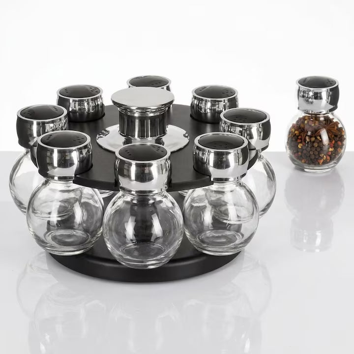 Set 8 recipiente condimente, Cu suport rotativ, Plastic/Metal/Sticla, 17 cm, Negru/Argintiu