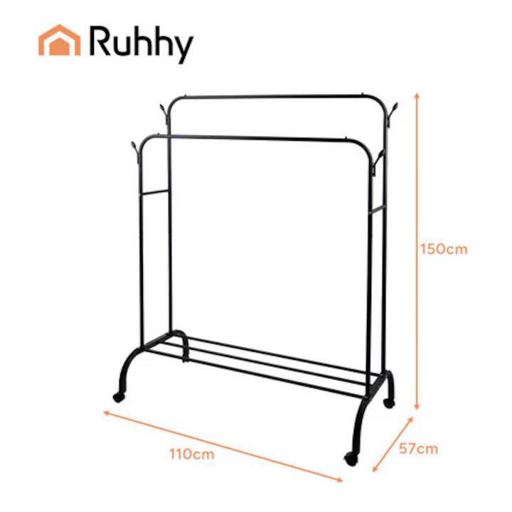 Suport Dublu pentru Haine, Metalic, Mobil cu Roti 360°, 150x110x57cm, Rezistent, Negru