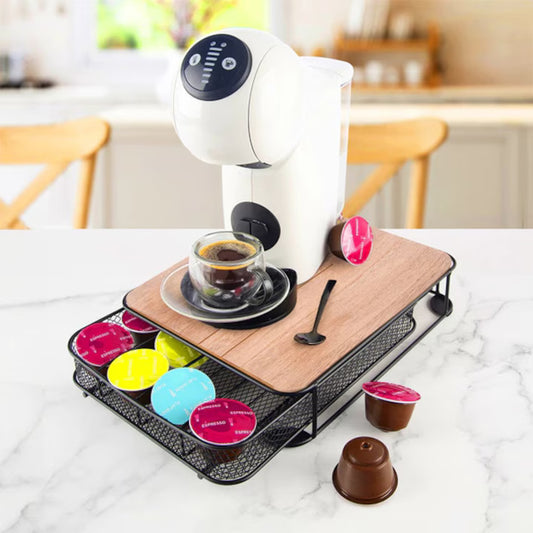 Organizer Pentru Capsule De Cafea, Orion, 30.5x24x6.5 cm, Metal, Mdf, Sertar Glisant Cu Compartimente, Pad-Uri Antiderapante