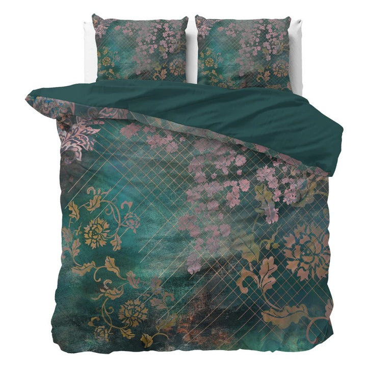 Husa de pilota Sleeptime Essentials Raddison Flower Green 200x200/220 cm, 2 fete de perna 60x70 cm, microfibra 100%, moale, antialergica, imprimeu floral verde, 90 GSM