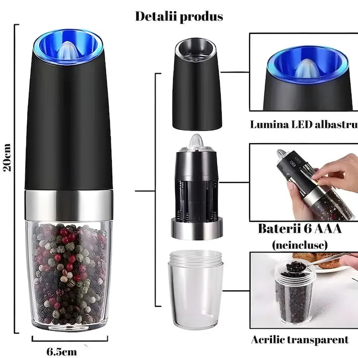 Rasnita electrica gravitationala pentru sare si piper, Automata cu lumina LED, Pe baza de baterii