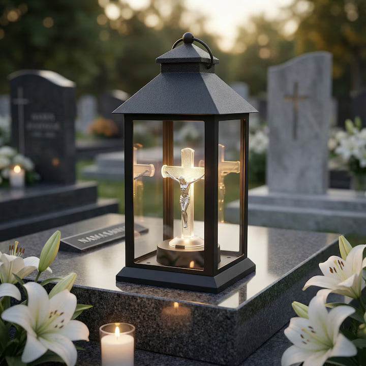Felinar profesional JB® Solar Negru Cruce cu LED, pentru cimitire si morminte 14x14x28cm