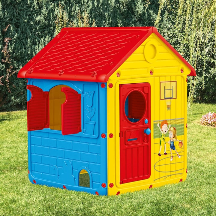 Casuta de gradina pentru copii din plastic cu usi si ferestre care se deschid, casa de joaca interior exterior cu detalii interactive, 122x104x110 cm, galben rosu albastru