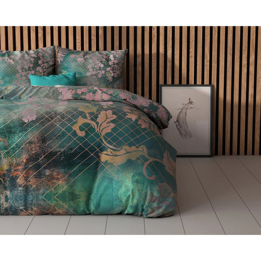 Husa de pilota Sleeptime Essentials Raddison Flower Green 200x200/220 cm, 2 fete de perna 60x70 cm, microfibra 100%, moale, antialergica, imprimeu floral verde, 90 GSM