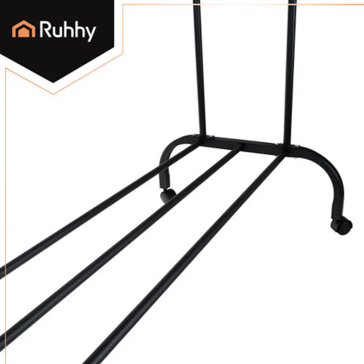 Suport Dublu pentru Haine, Metalic, Mobil cu Roti 360°, 150x110x57cm, Rezistent, Negru