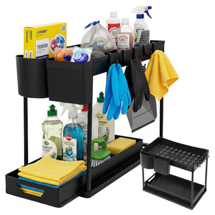 Organizator pentru sub chiuveta Ruhhy, 2 niveluri extensibile, structura din fier si rafturi din PP, 40x27.5x37.5 cm, finisaj mat, culoare neagra