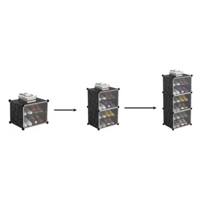 Suport modular pentru încălțăminte, Ruhhy, set 3 module, uși transparente, cuier integrat, 6 rafturi pentru 12 perechi, negru