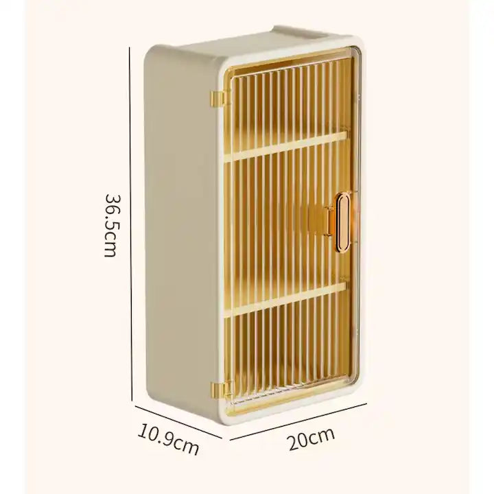 Organizator Cosmetice, Montare pe Perete fara Perforare, 36.5x10.9x20 cm, cu 3 Rafturi, din PP si ABS, Bej, Usa Transparenta