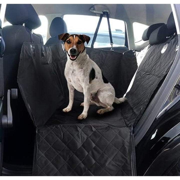 Husa de protectie impermeabila pentru bancheta auto, pentru transport animale de companie, cu plasa de siguranta, buzunare si laterale cu fermoar, negru, 140 x 209 cm