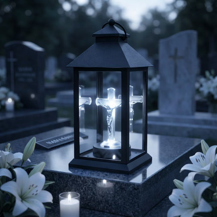 Felinar profesional JB® Solar Negru Cruce cu LED, pentru cimitire si morminte 14x14x28cm