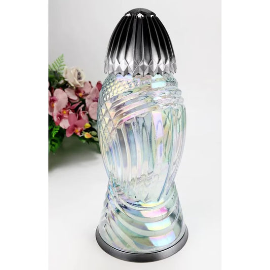 Candela decorativă mare din sticlă cu efect curcubeu, argintie, 39.5cm