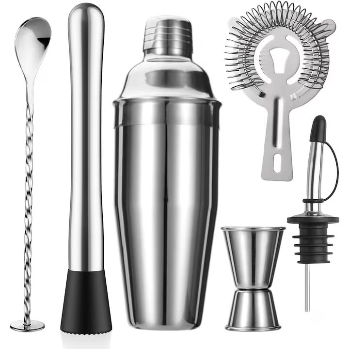 Set 6 Barman Pentru Bauturi, shaker de 750 ml, Otel Inoxidabil, Argintiu