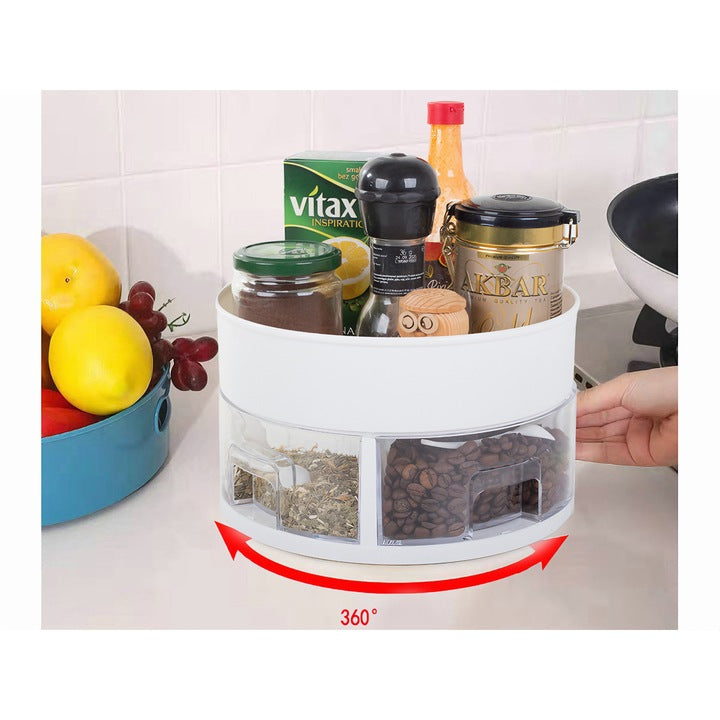Organizator rotativ pentru bucatarie , cu sertare de condimente si lingurite din plastic, design compact si rotund, 13x22, 5 cm