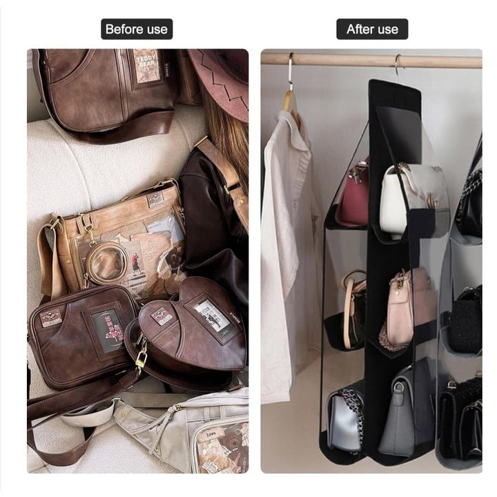 Set 2 Organizator Premium 8 buzunare transparente, pentru genti si pantofi, cuier metalic, 100x34x15 cm, textil gri