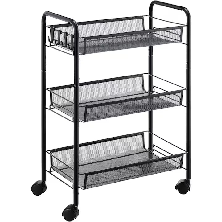 Raft mobila cu 3 etajere , pentru bucatarie, baie, living, usor de Montat, pentru spatii inguste, Material ABS/Otel Inoxidabil, Metal, 64 x 44 x 27 cm, Negru