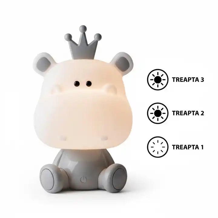 Lampa de veghe copii, model cu hipopotam, cablu USB, Alb/Gri