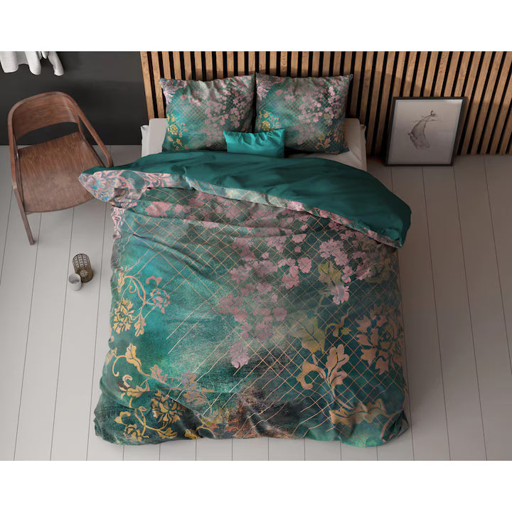 Husa de pilota Sleeptime Essentials Raddison Flower Green 200x200/220 cm, 2 fete de perna 60x70 cm, microfibra 100%, moale, antialergica, imprimeu floral verde, 90 GSM