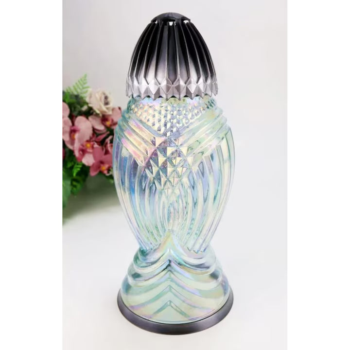 Candela decorativă mare din sticlă cu efect curcubeu, argintie, 39.5cm