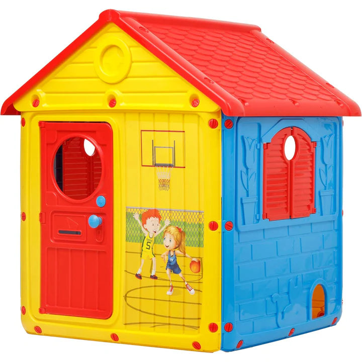 Casuta de gradina pentru copii din plastic cu usi si ferestre care se deschid, casa de joaca interior exterior cu detalii interactive, 122x104x110 cm, galben rosu albastru
