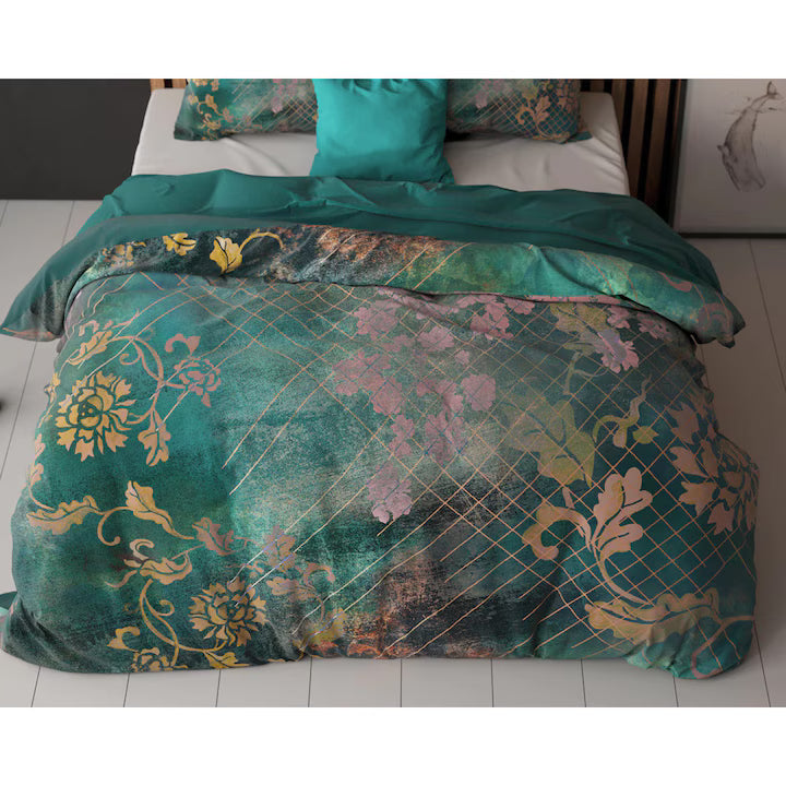 Husa de pilota Sleeptime Essentials Raddison Flower Green 200x200/220 cm, 2 fete de perna 60x70 cm, microfibra 100%, moale, antialergica, imprimeu floral verde, 90 GSM