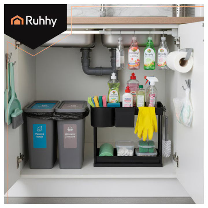 Organizator pentru sub chiuveta Ruhhy, 2 niveluri extensibile, structura din fier si rafturi din PP, 40x27.5x37.5 cm, finisaj mat, culoare neagra