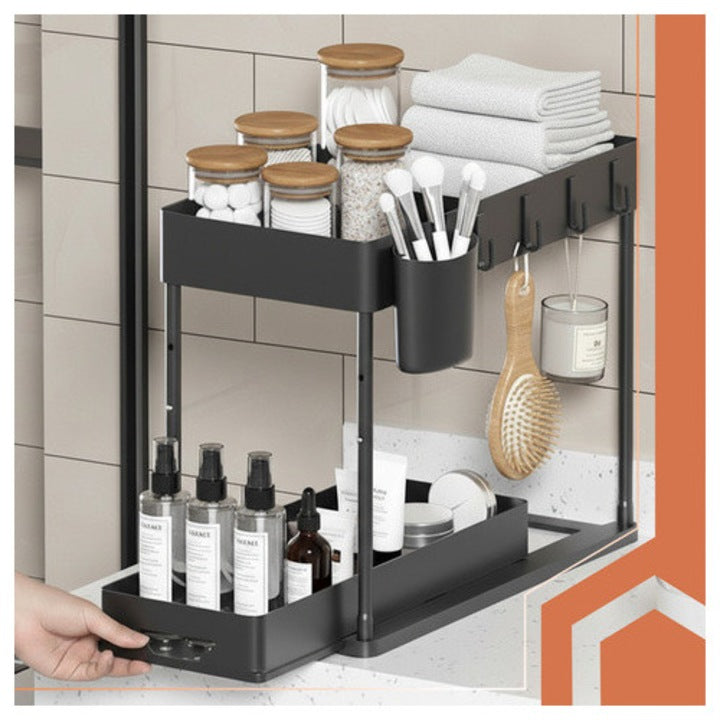 Organizator pentru sub chiuveta Ruhhy, 2 niveluri extensibile, structura din fier si rafturi din PP, 40x27.5x37.5 cm, finisaj mat, culoare neagra