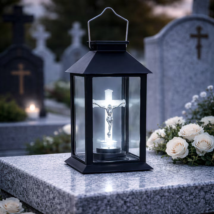 Felinar profesional JB® Solar Negru Cruce cu LED, pentru cimitire si morminte 14x14x28cm