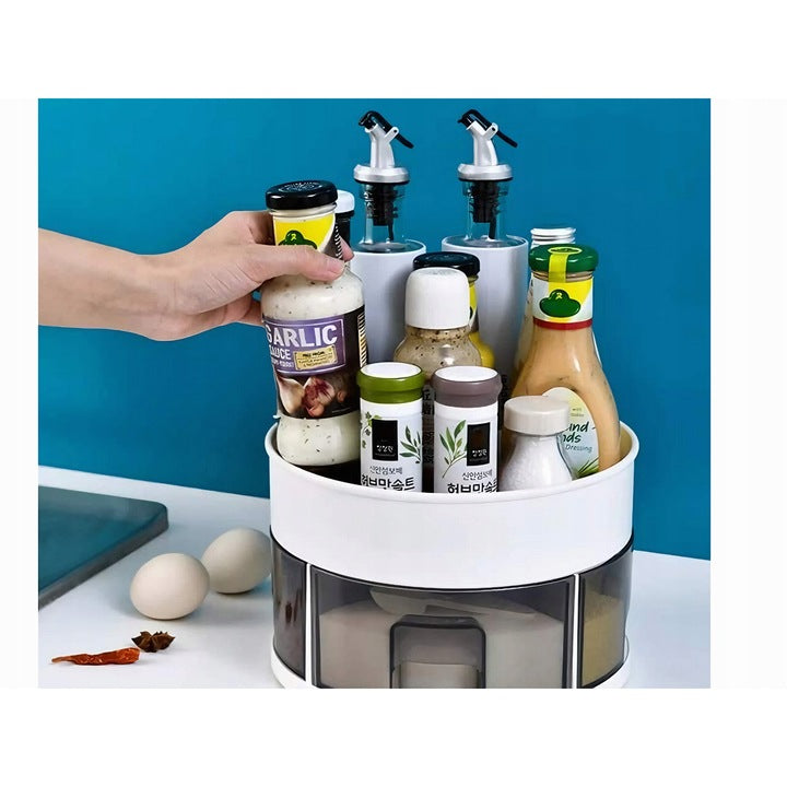 Organizator rotativ pentru bucatarie , cu sertare de condimente si lingurite din plastic, design compact si rotund, 13x22, 5 cm