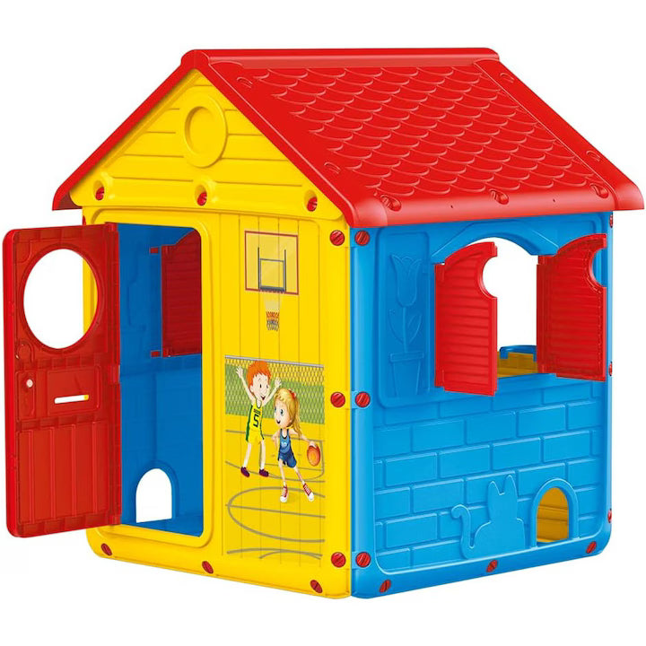 Casuta de gradina pentru copii din plastic cu usi si ferestre care se deschid, casa de joaca interior exterior cu detalii interactive, 122x104x110 cm, galben rosu albastru