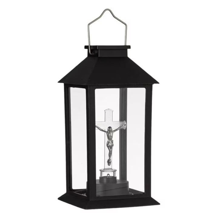 Felinar profesional JB® Solar Negru Cruce cu LED, pentru cimitire si morminte 14x14x28cm