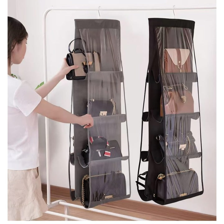 Set 2 Organizator Premium 8 buzunare transparente, pentru genti si pantofi, cuier metalic, 100x34x15 cm, textil gri