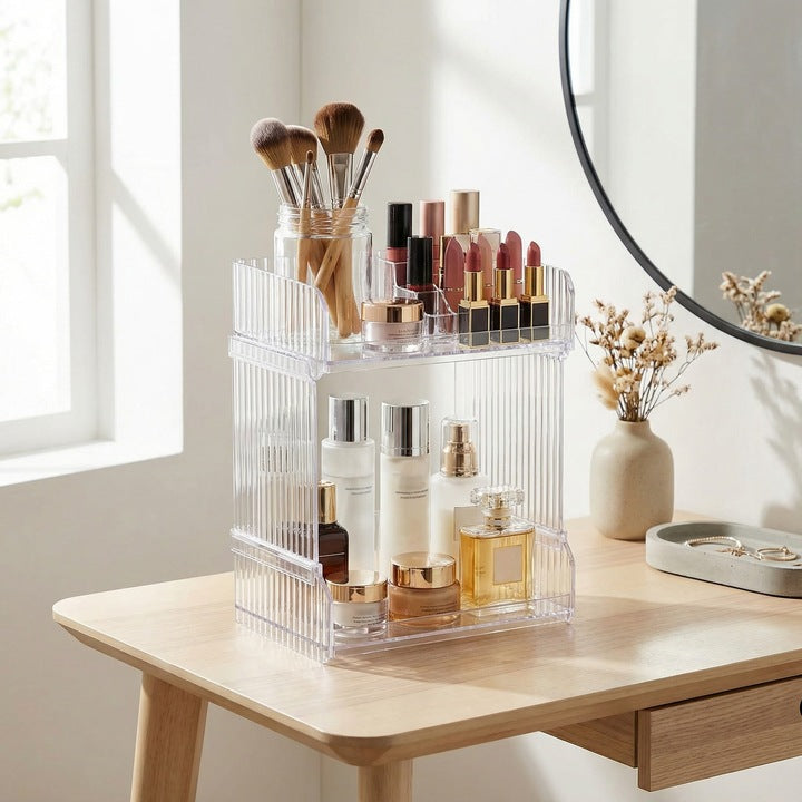 Suport Organizator Cosmetice Acrilic Transparent cu 2 Nivele 19.5x15x26.6cm