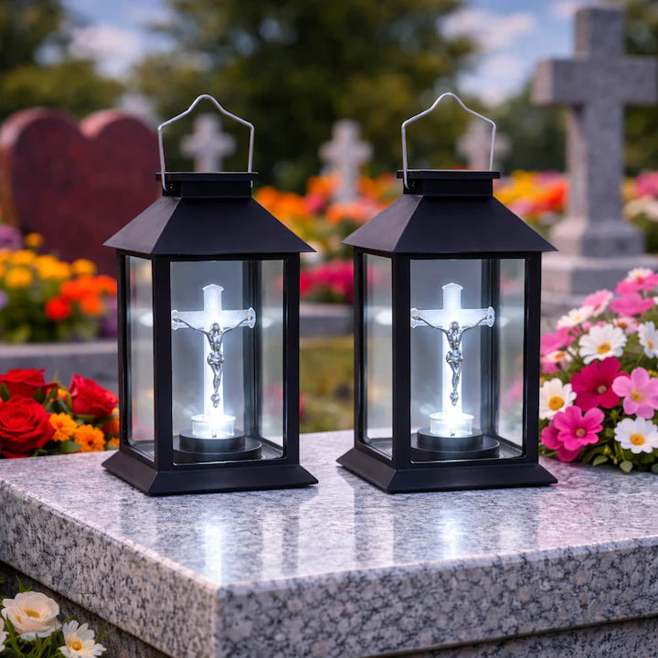 Felinar profesional JB® Solar Negru Cruce cu LED, pentru cimitire si morminte 14x14x28cm